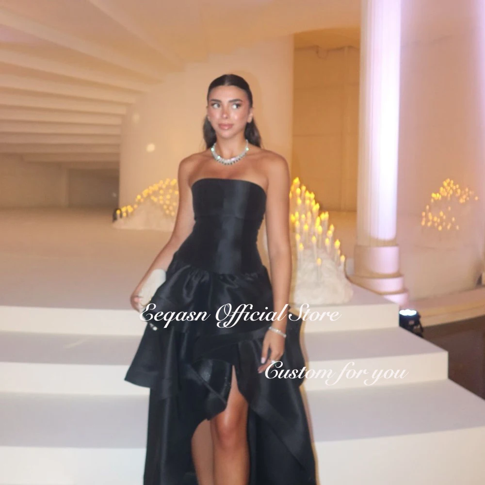 Black Satin Evening Dress Long Woman Strapless Ruched A Line Party Dresses Prom Wedding Sharon Happy فساتين سهرة Customized