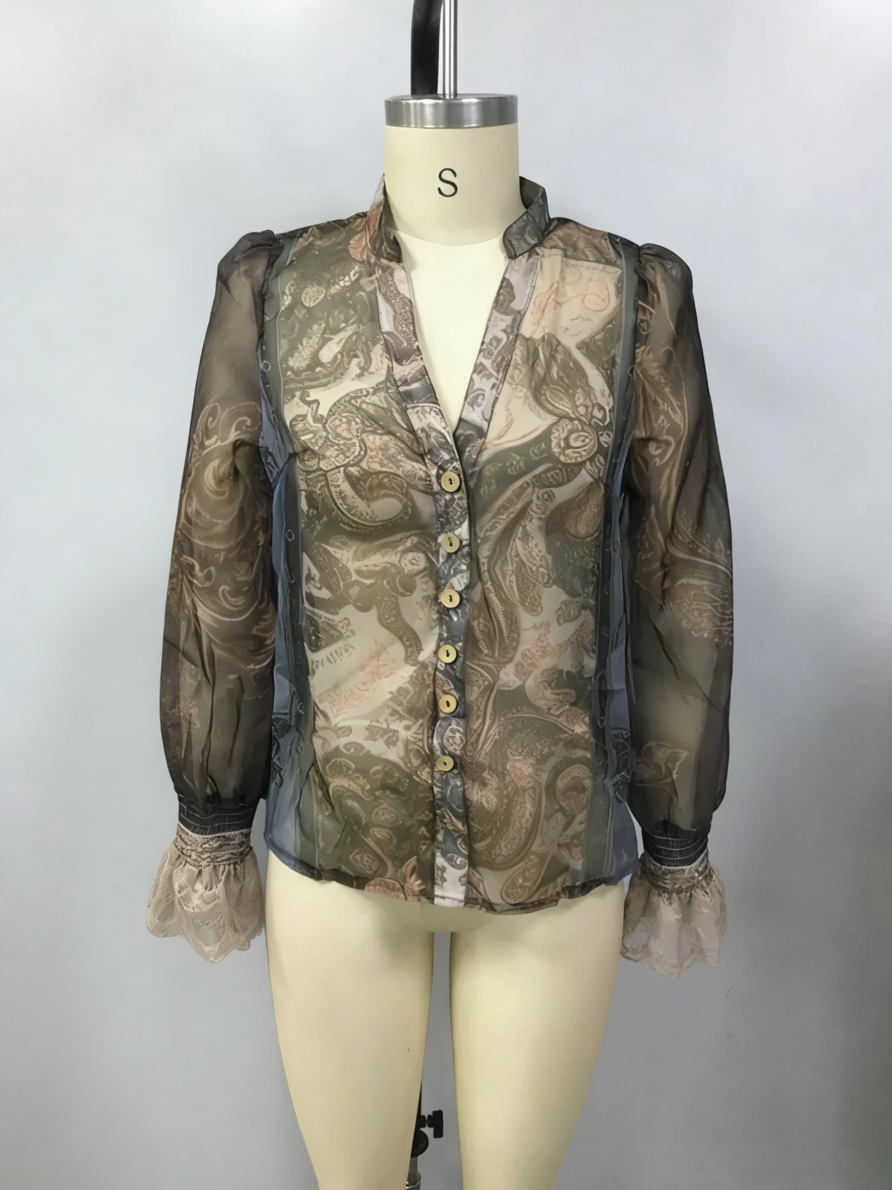 

Ретро-блузка с принтом пейсли, свободного кроя, с круглым вырезом, на пуговицах, с длинными рукавами, кружевными вставками, повседневная пляжная богемная рубашка, топы для женщин.