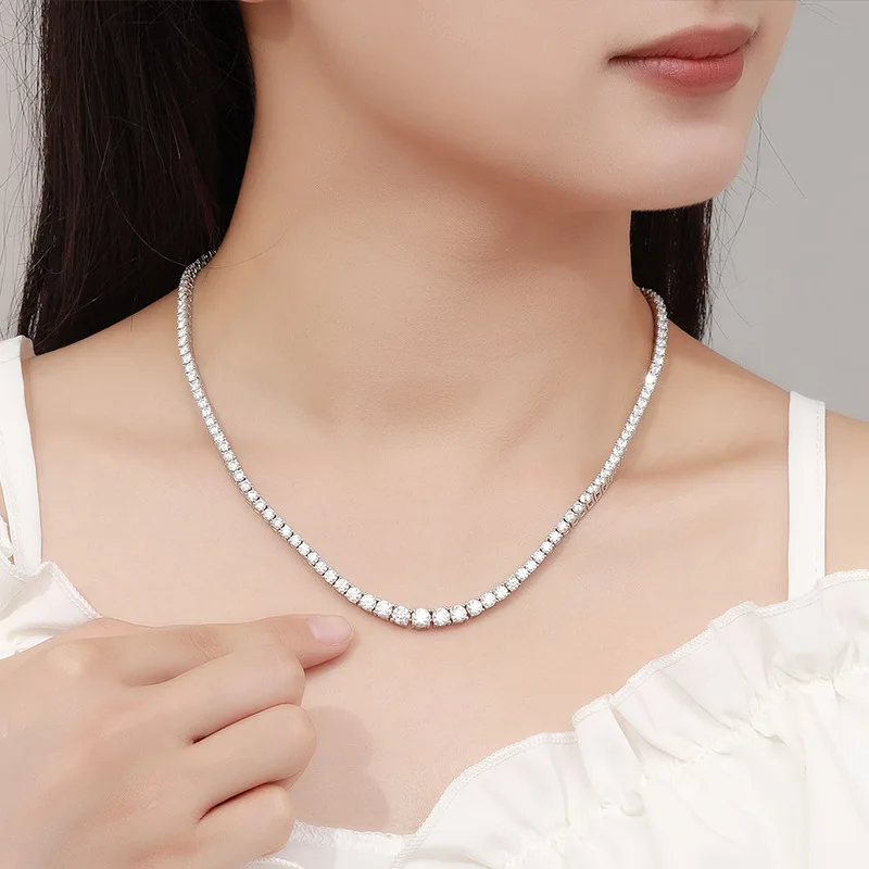 Gradient Size Moissanite Necklace Women's Sterling Silver Single Row Full Diamond Super Shiny High-Grade Simple Clavicle Chain D