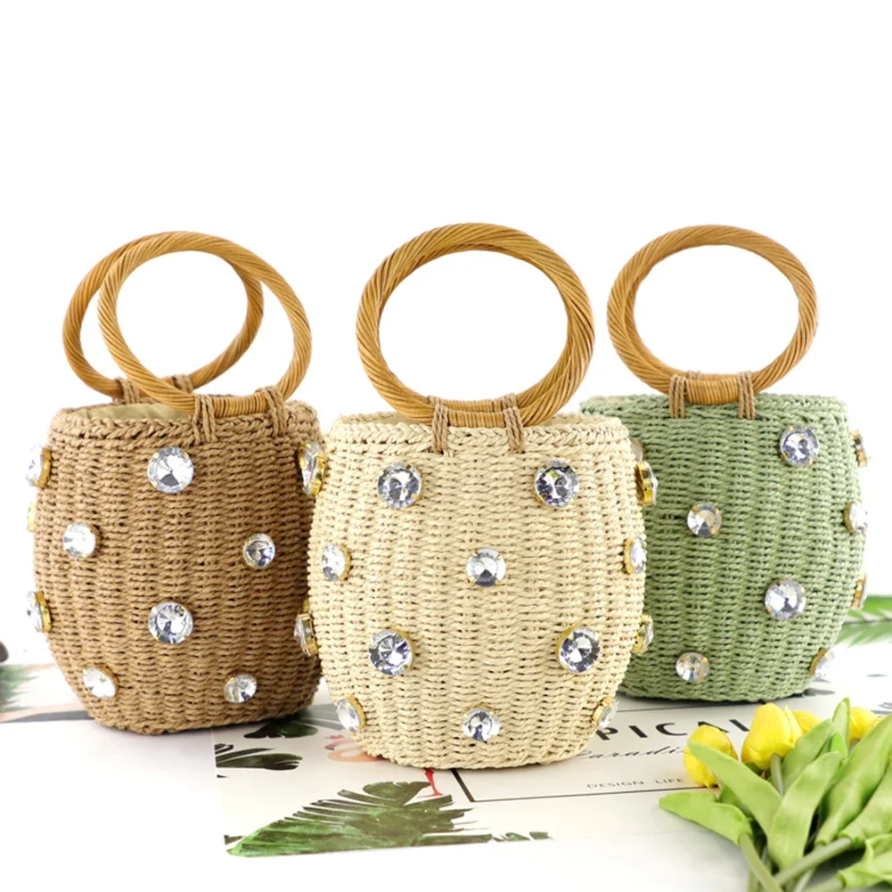 

Сумка-ведро на шнурке с бриллиантовым декором, летняя пляжная соломенная сумка для женщин, сумка с верхней ручкой, плетеная сумка в стиле бохо, повседневная сумка-клатч