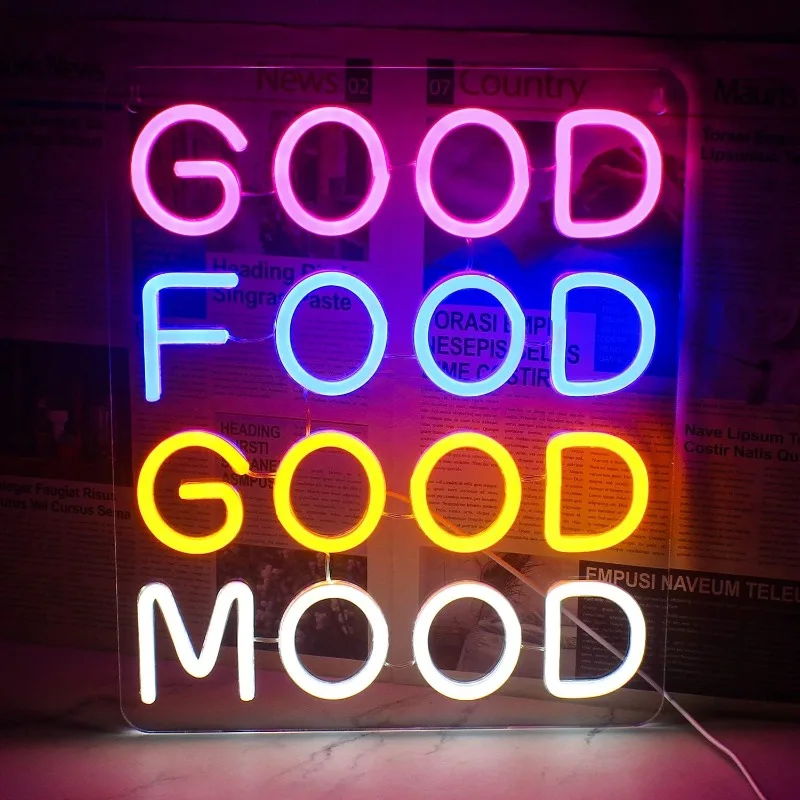 XM Good Food Good Mood Neon LED Sign,Wall Decor Food Neon Sign,with USB Power Supply,Suitable for Snack Bar,Restaurant,Fast Food