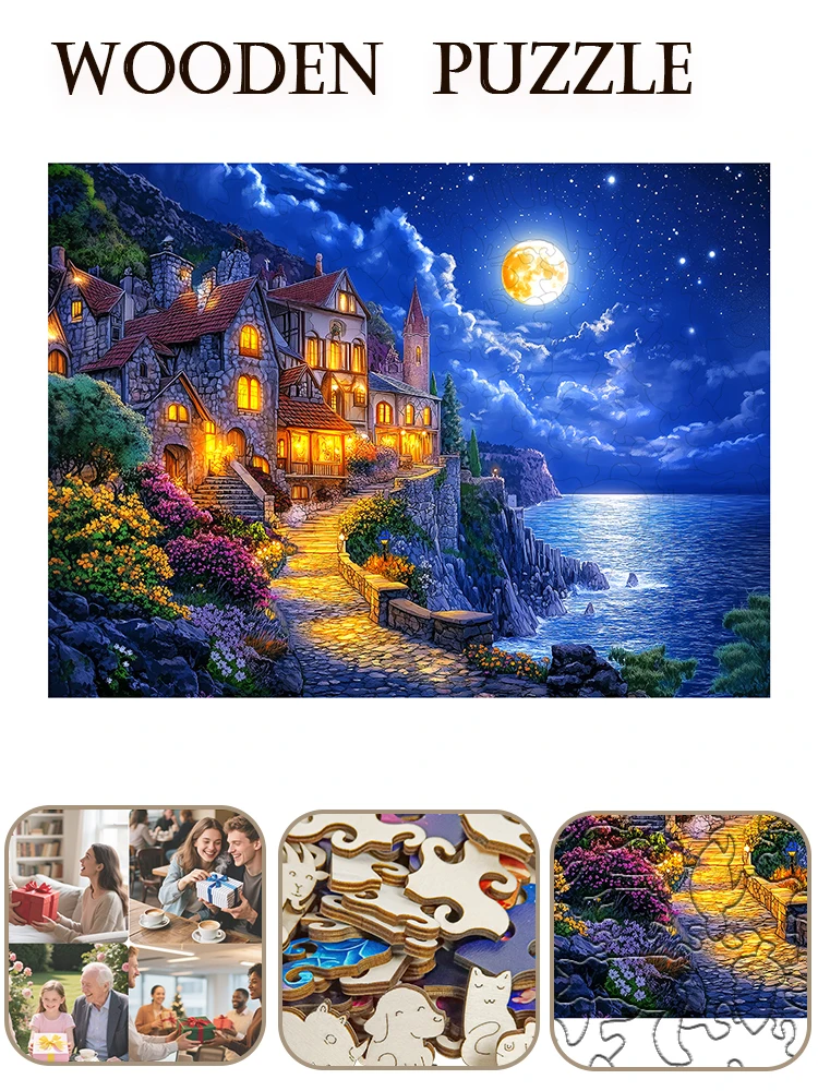 Puzzle en bois au château côtier au clair de lune avec pièces uniques en forme d'animal, puzzle stimulant pour adultes, cadeau idéal et maison D