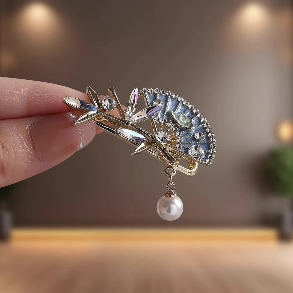 Vintage Chinese Style Fan Hair Clip Women Rhinestone Bamboo Leaf Pearl Barrettes Elegant Classical Hairpins Headwear Accessories