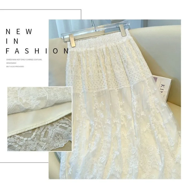 Women's Spring Summer French Graceful Lace White Skirts New Korean Lady Sweet Joker Elastic Waist Skirt 2026 Fashion Clothing
