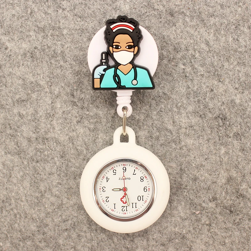 Cartoon Team Pocket Watch com clip para homens e mulheres, relógio de bolso retrátil, médico hospitalar e enfermeira