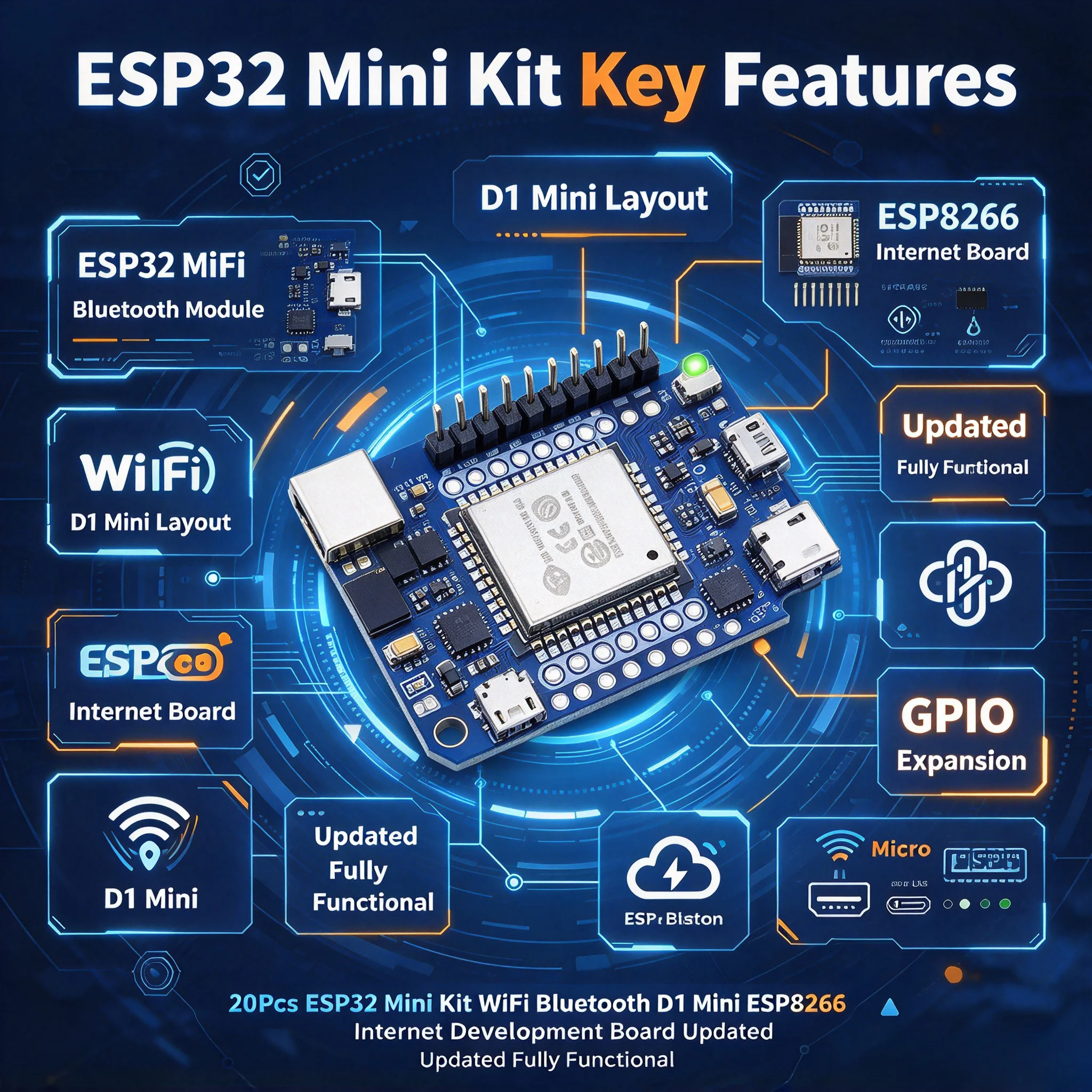 20Pcs ESP32 Mini Kit WiFi Bluetooth D1 Mini ESP8266 Internet Development Board Updated Fully Functional