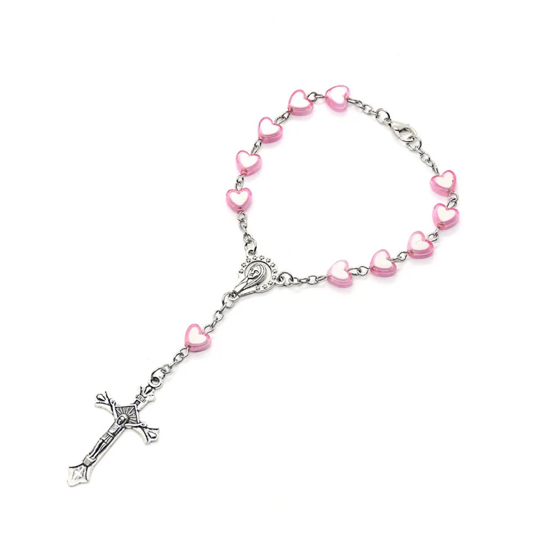 Religious Cross Pendant Pink Heart Plastic Beads Rosary Bracelets