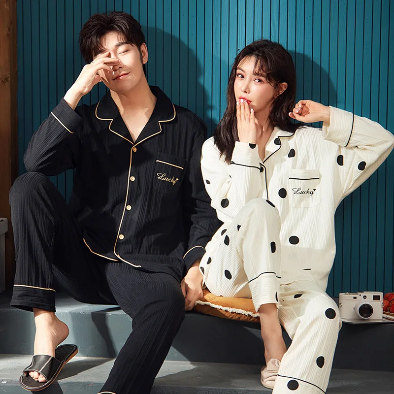 

Four Seasons Couples Pajamas Gentleman Long-sleeved Korean Version of The Cartoon Cute Homewear Suit Ms. Lapel Cardigan Pajamas