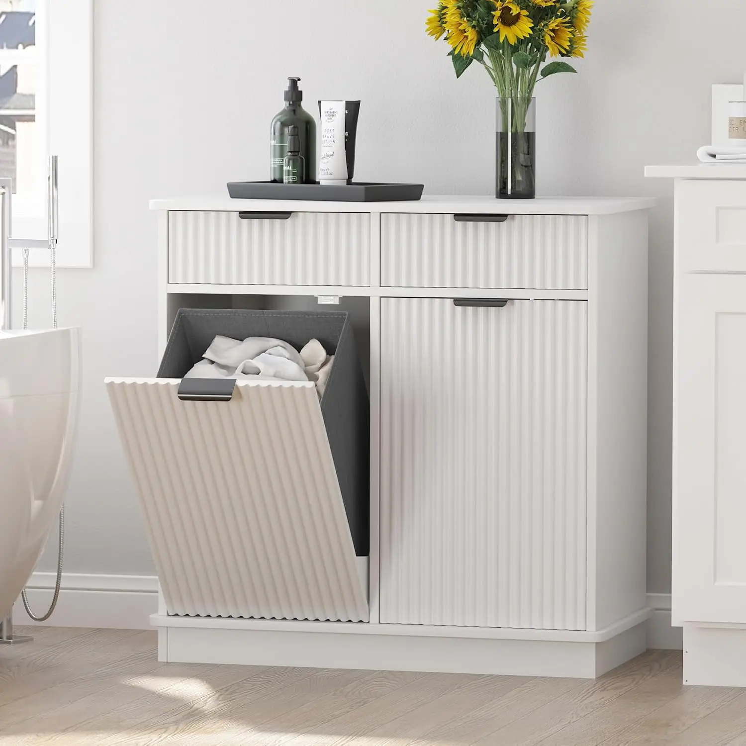 White Double Tilt-Out Laundry Hamper Cabinet with 2 Drawers & 2 Baskets for Bathroom Bedroom 30x30x16in, Customized