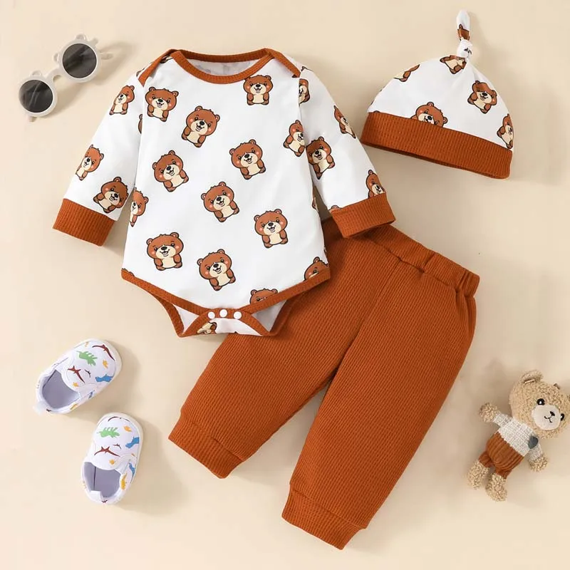 Autumn Newborn Infant Baby Boys Set 3-Piece Set Cute Bear Long Sleeve Bodysuit Waffle Trousers Hat Baby Clothes 0 To 18 Months