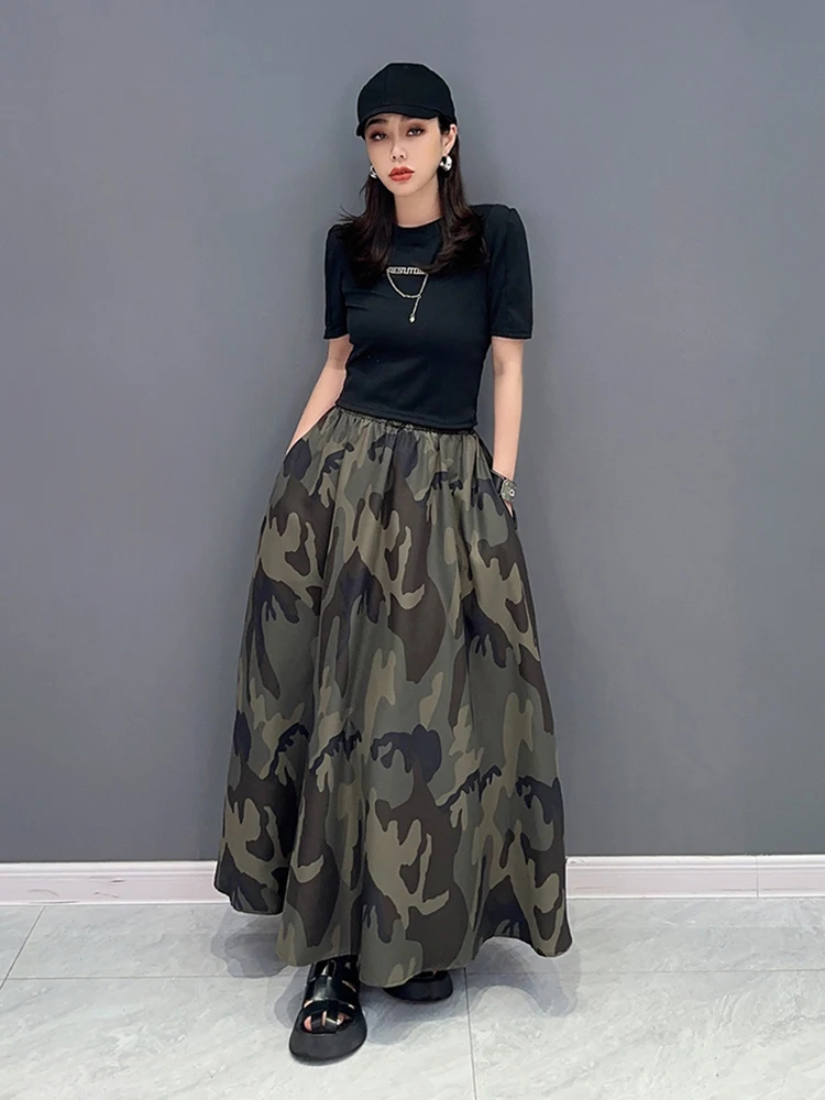 SHENGPALAE Camouflage Skirt For Women Fashion Trend Elastic Waist Casual Loose A-line Ankle Length Skirts Spring 2024 New 5R4003