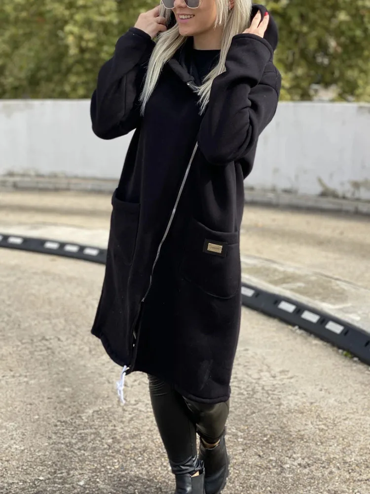 

Элегантная флисовая толстовка на молнии с длинными рукавами, женская повседневная однотонная осенне-зимняя куртка с длинными рукавами, модная свободная куртка миди с карманами