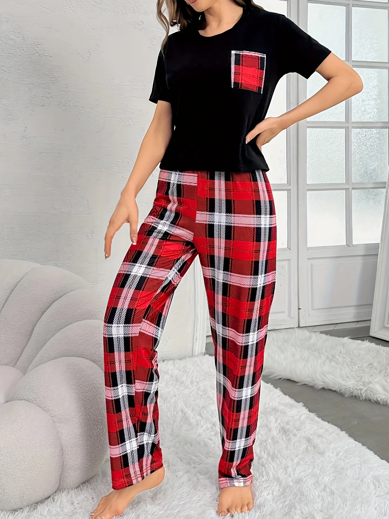 حجم قياسي المرأة أربعة مواسم الربيع والصيف عادية فضفاض عادية منقوشة مطبوعة قصيرة الأكمام المرأة منامة مجموعة