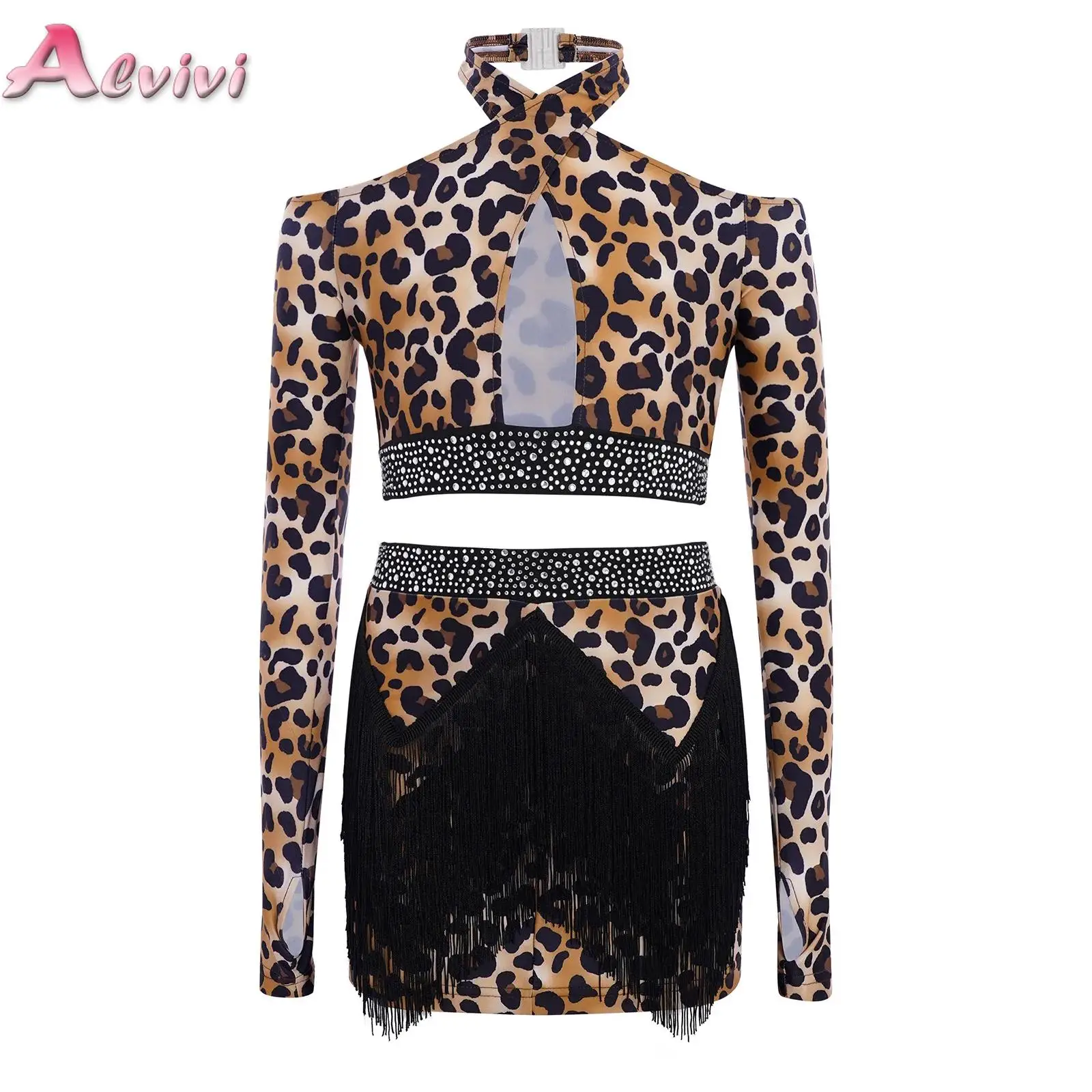 

Kids Girls Leopard Print Latin Dance Outfit Halter Long Sleeves Thumbholes Crop Top with Shiny Rhinestone Tassels Skirt Suits