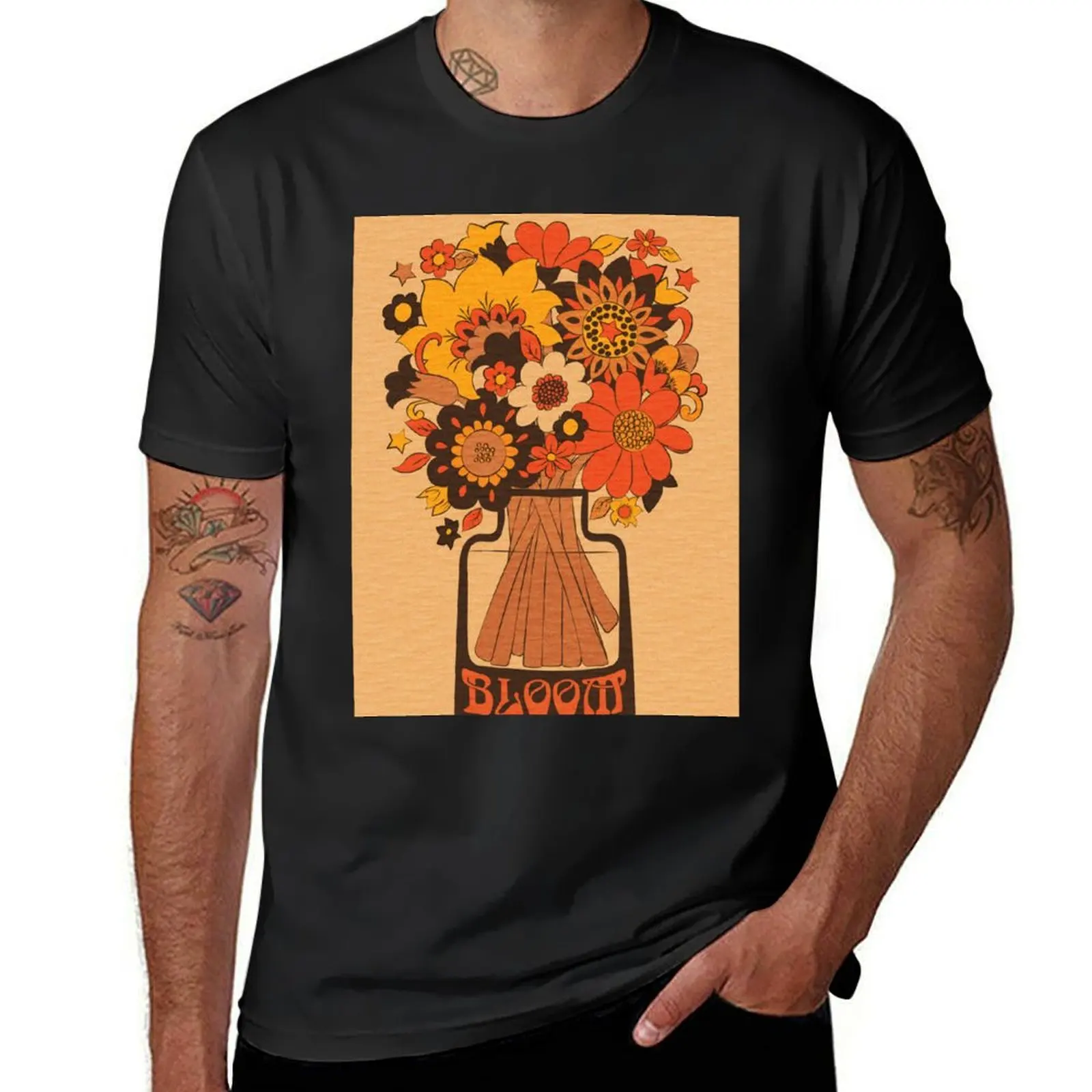 Retro 70s Flower Vase, Orange, yellow, Brown T-Shirt customs design your own vintage mens clothing