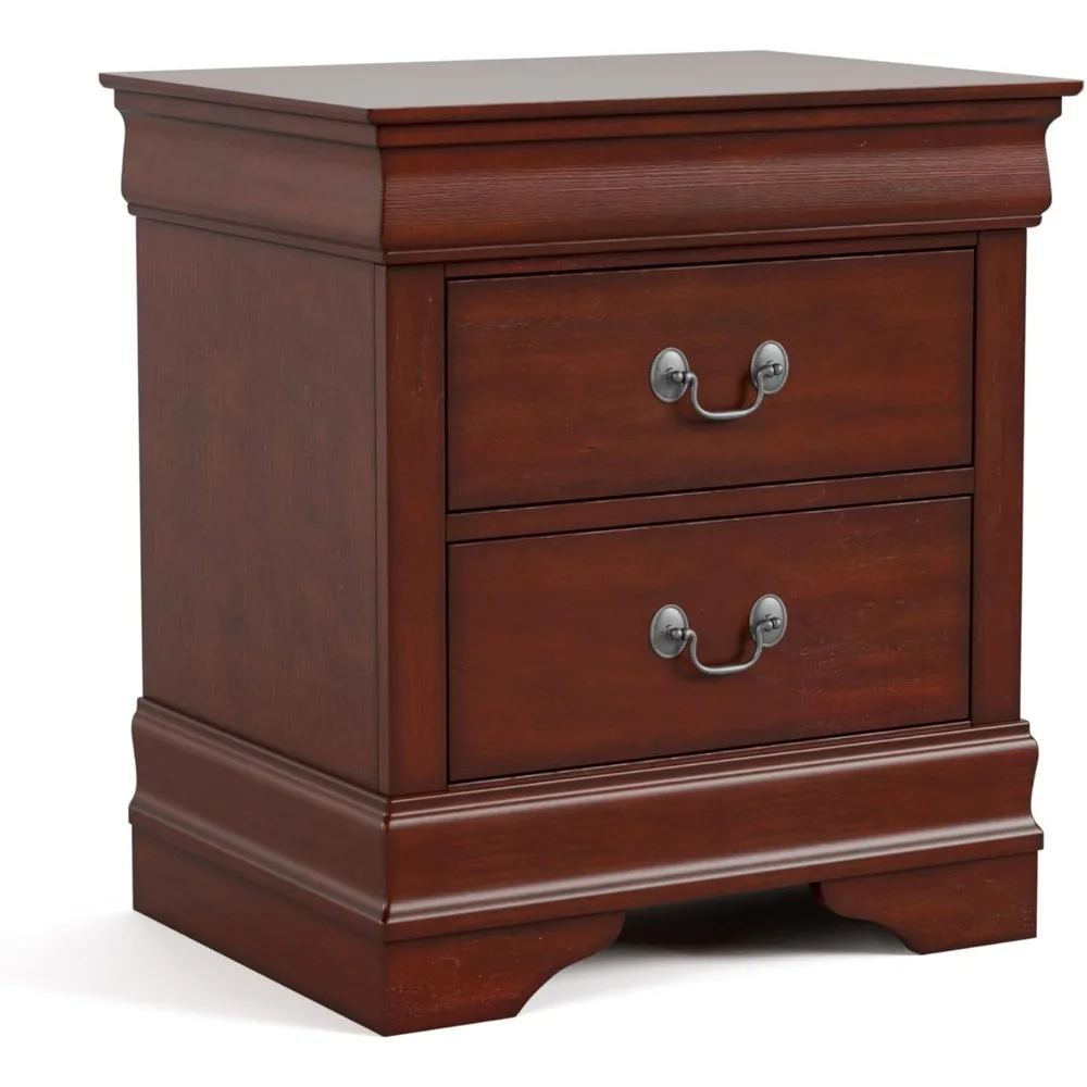 Solid Wood Nightstand with Drawers and Antique Nickel Handles, Small Bedside Table, Ready to Use Wooden Furniture