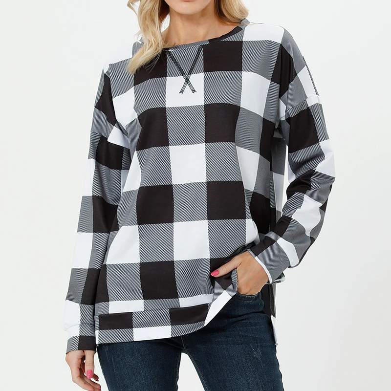 Women's Plaid Printed Top Elegant Fashion Loose Autumn and Winter Hem Split Long Sleeve Medium Long Round Neck Sweatshirt 2024 T