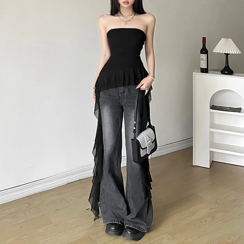 Xingqing y2k Strapless Top Women Summer Solid Color Off Shoulder Sleeveless Asymmetrical Ruffle Hem Bandeau Vest Streetwear