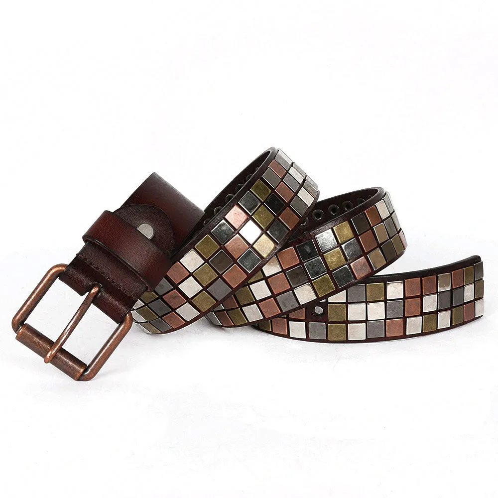 New Style Genuine Leathe  Belt with Square Ornament Rivets Design Cowhide Fashion Leather