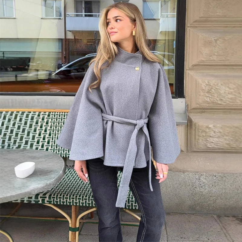 

Trendix 2025 Autumn Elegant Coat Femme Fashion Lace Up Slim Woolen Coats Tops Street Casual Solid Turtleneck Jacket Women New