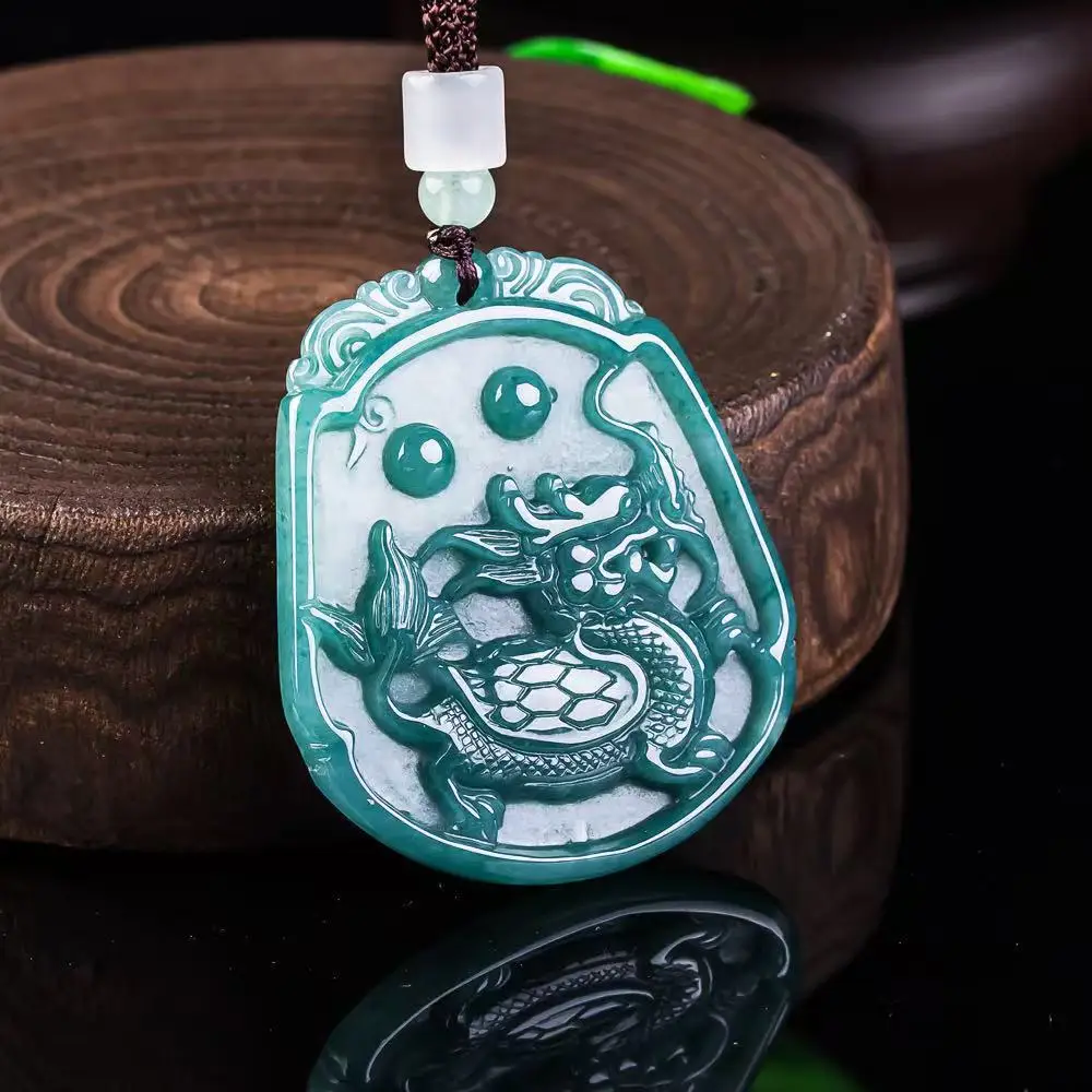 

Натуральный изумрудно-голубой нефритовый кулон «Киллин» из мьянманского жадеита, ожерелье, ювелирное украшение, талисман, подарок на удачу для женщин