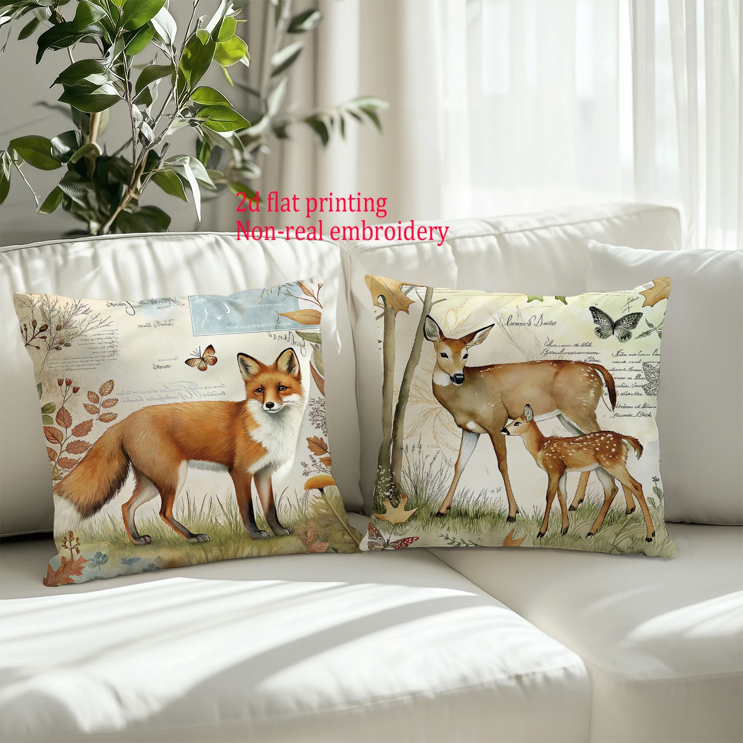 4pcs Vintage Fox Cushion Covers 18x18 Inch Polyester Zipper Pillowcases with 2D Flat Printing, Non-Realistic Fox Deer Design