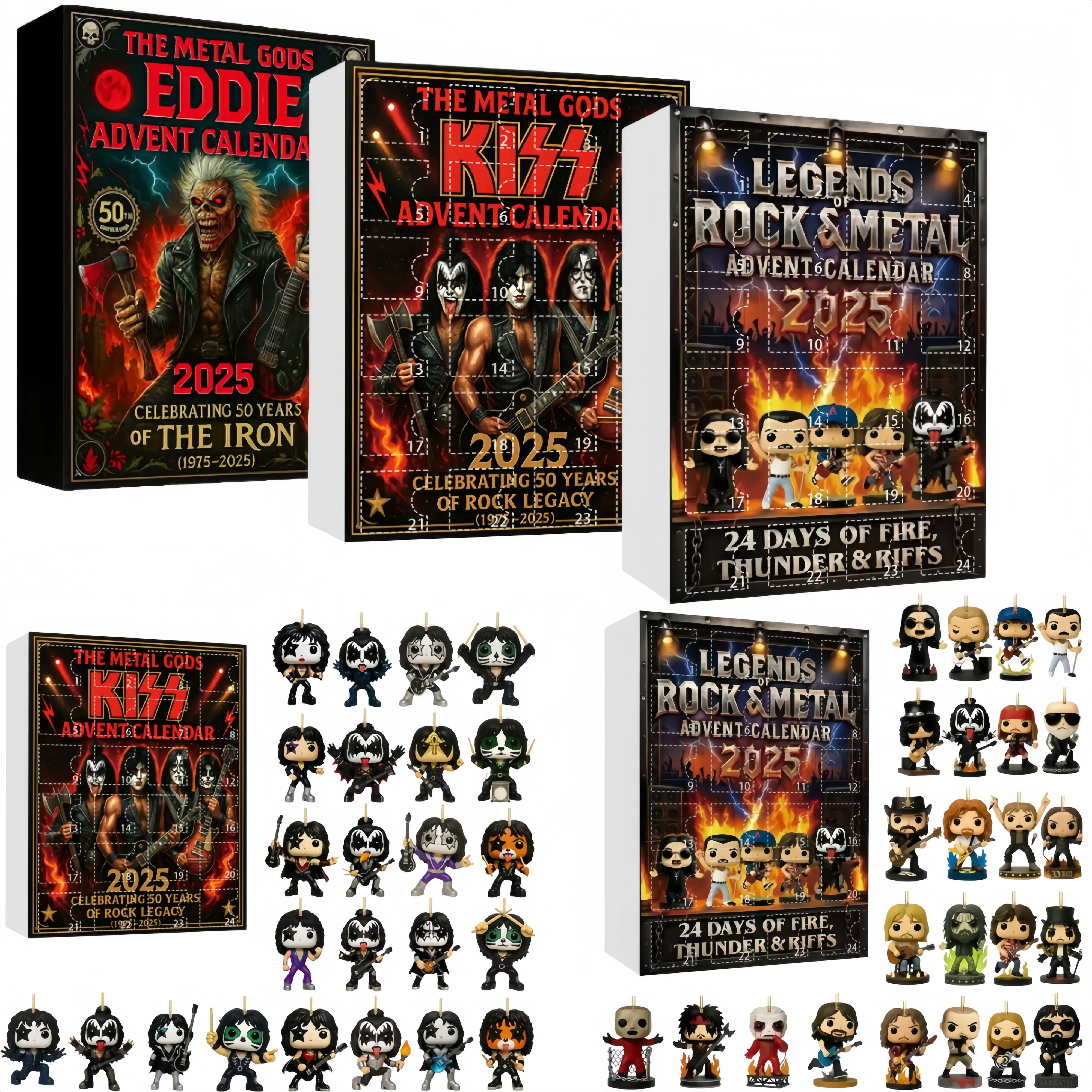 The Metal Gods of KISS Band Calendrier de l'Avent de compte à rebours de 24 jours, objets de collection musicaux lconiques en acrylique, cadeaux pour les fans du rock et du métal