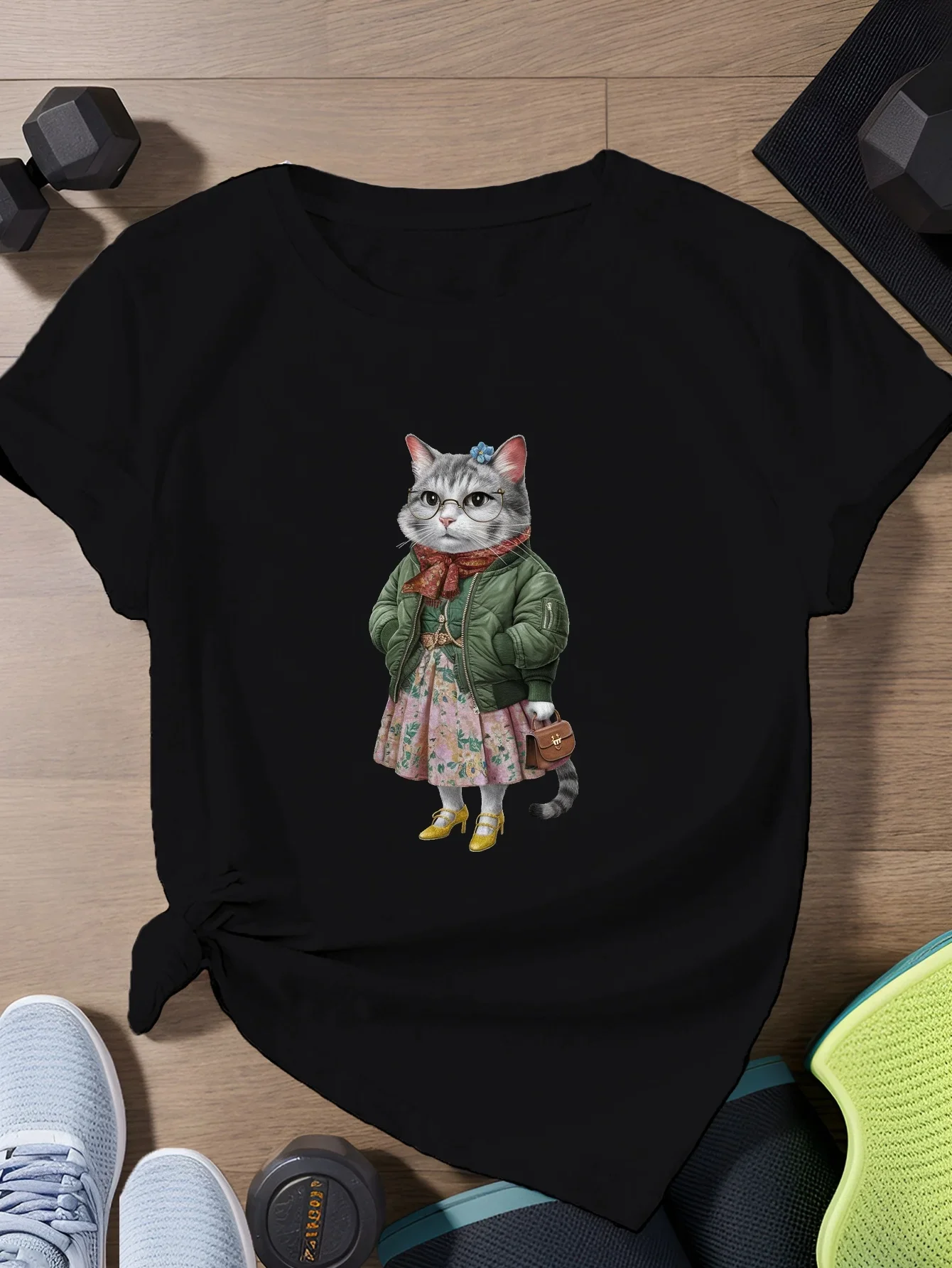 Retro Comic Katze Muster Gedruckt Sommer Damen T-Shirt Top Kurzarm Rundhals Lässige Damen Sommerkleidung