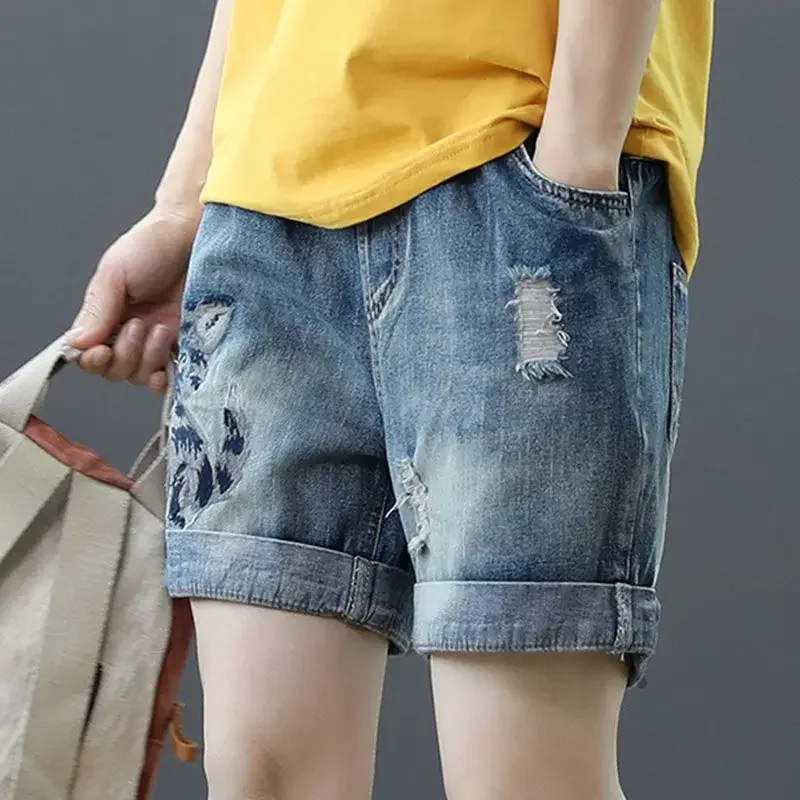 

Elastic Waist Denim Shorts For Women High Short Jean Pants Woman Wide To Wear Casual Korean Style Comfy Hot Offer Original Hot