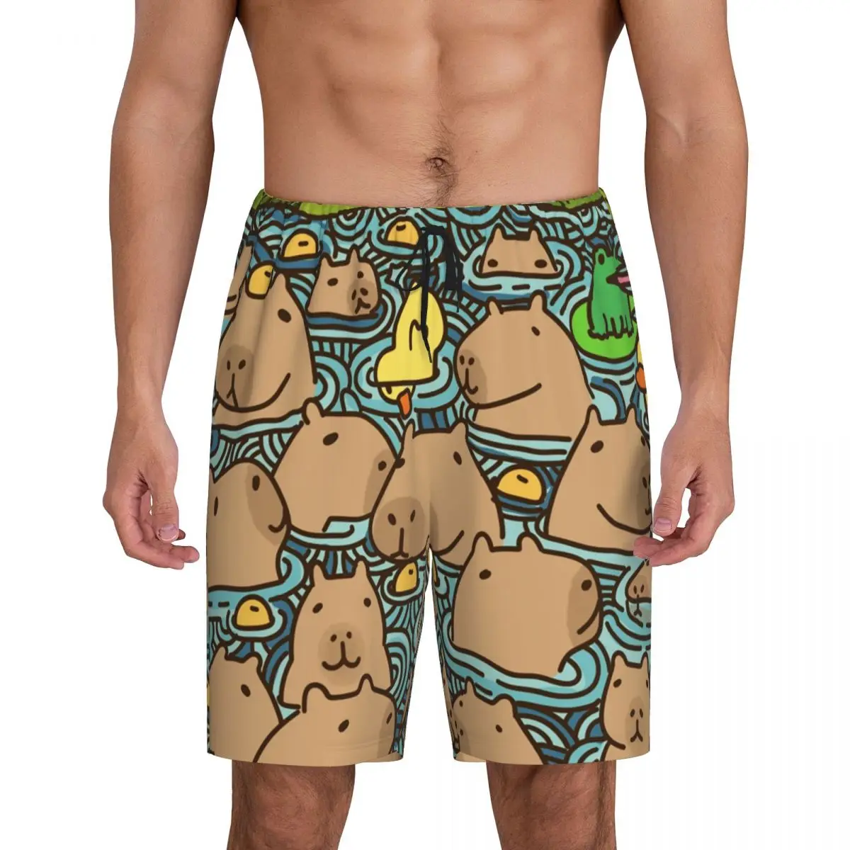 

Custom A Pond Full Of Capybara Pajama Shorts Sleepwear for Men Elastic Waistband Sleep Lounge Short Pjs with Pockets