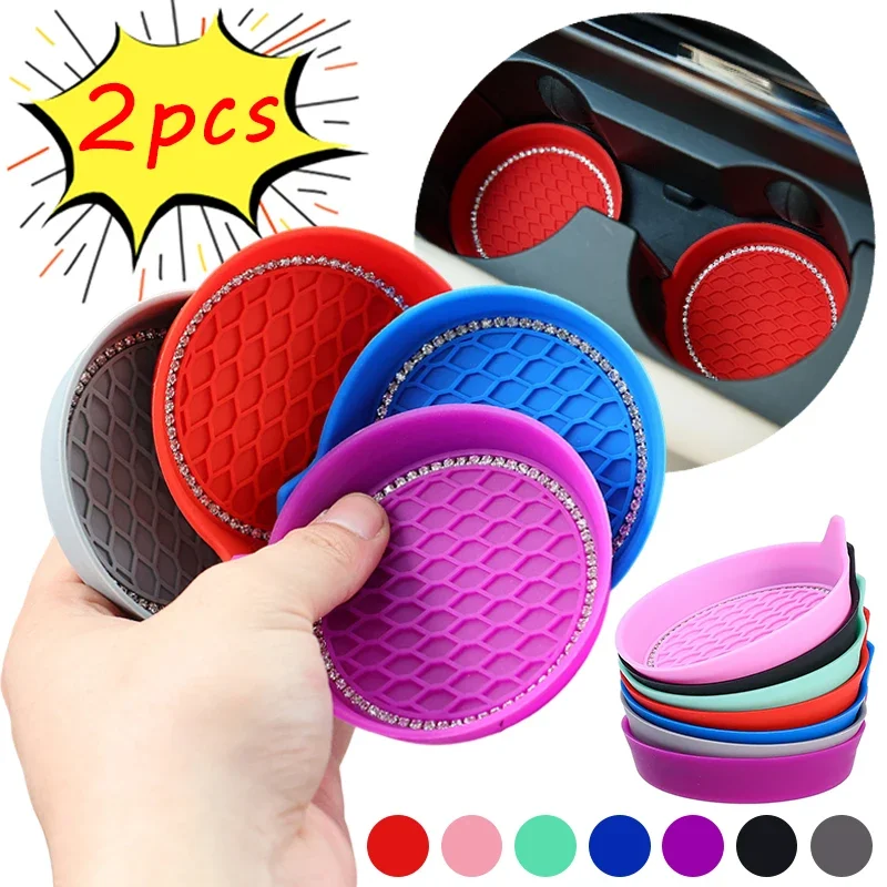 2pcs Rubber Car Diamond Coaster Water Cup Slot Non-Slip Mat Auto Rhinestone Water Bottle Pad Car Accessories Interior Decoration