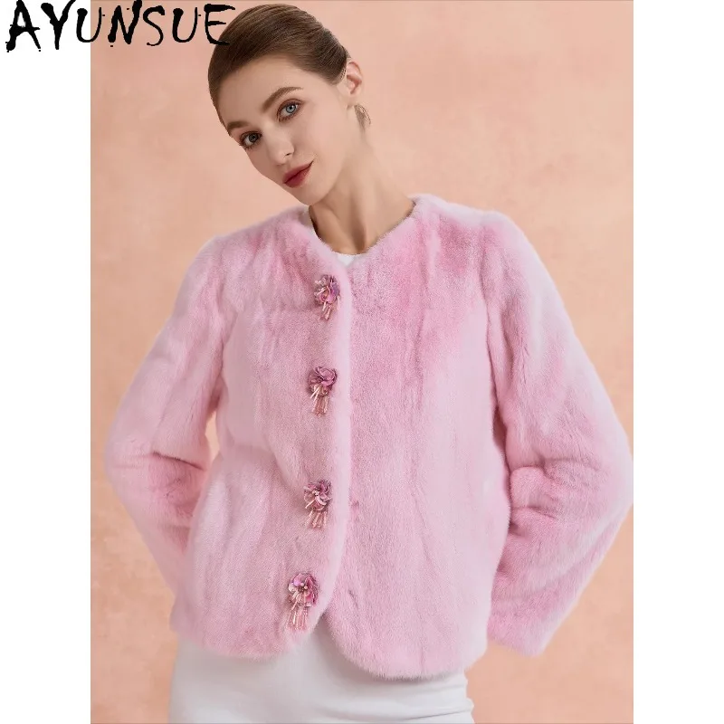

AYUNSUE Natural Mink Fur Coat Woman Warm Fur Jacket Short Pink Outerwears Stylish Long Sleeve Tops for Woman Clothes Пальто