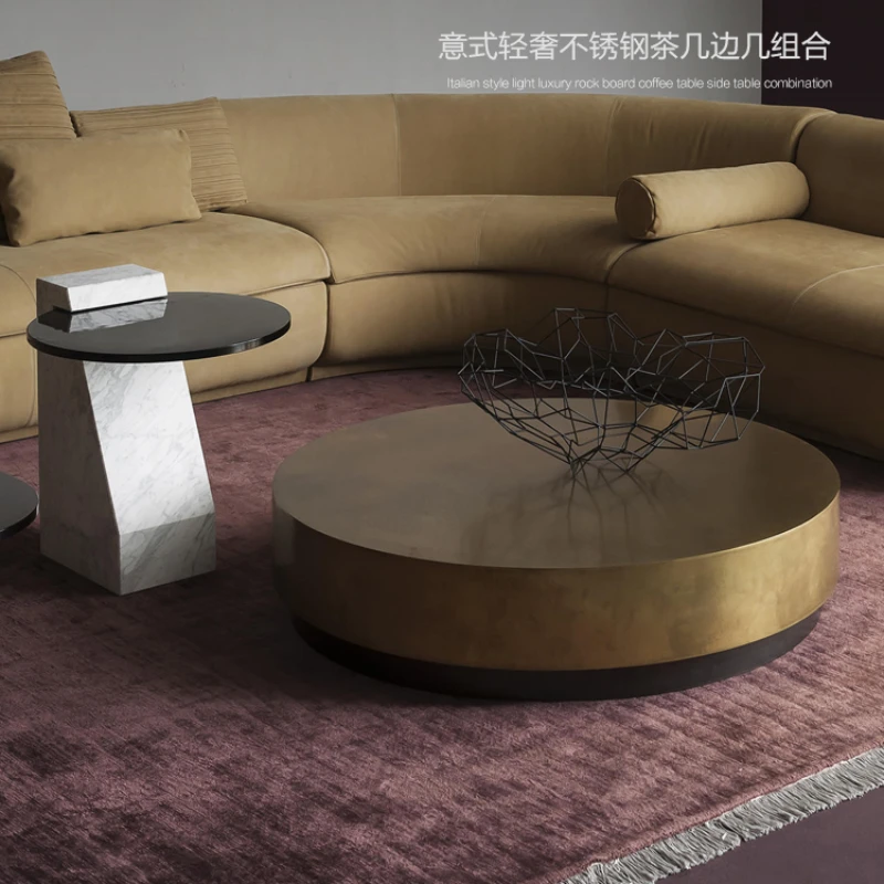 Light Luxury round Tea Table Living Room Small Apartment High-End Modern Stainless Steel Marble Coffee Table Side Table