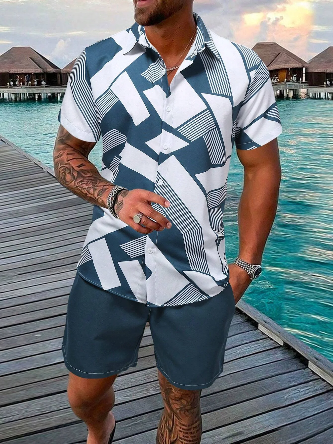 Conjunto de camisa con estampado 3D para hombre, ropa informal de manga corta con costuras a rayas, pantalones cortos de playa de gran tamaño, trajes hawaianos