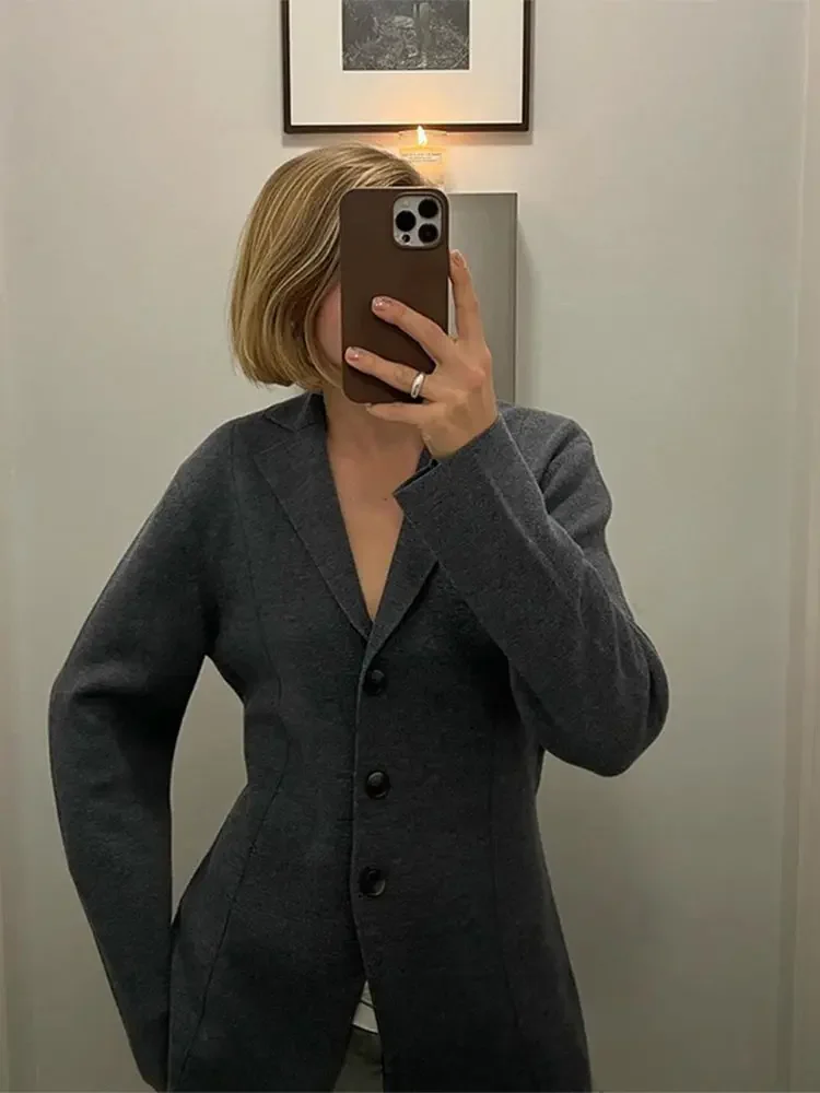 Chaqueta de traje de solapa de un solo pecho para mujer, abrigo informal ajustado de manga larga, prendas de vestir exteriores de oficina para viajes de otoño, color gris, nuevo