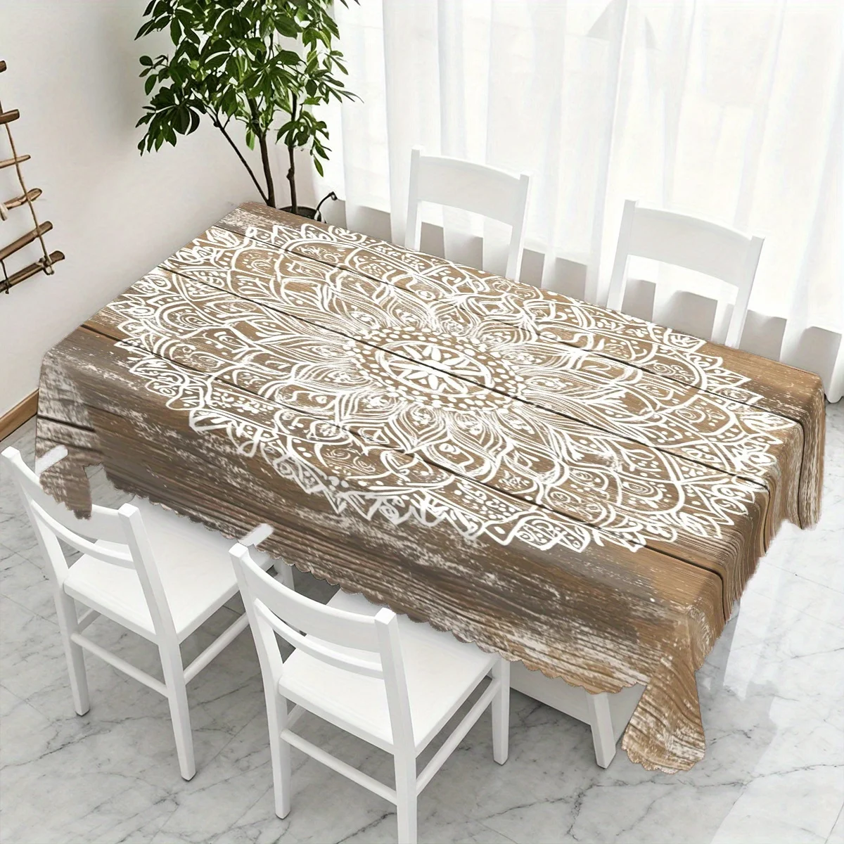 Boho Mandala Wood Grain Print Waterproof Washable Tablecloth, Rectangular Table Cover for Indoor Dining & Farmhouse Decor