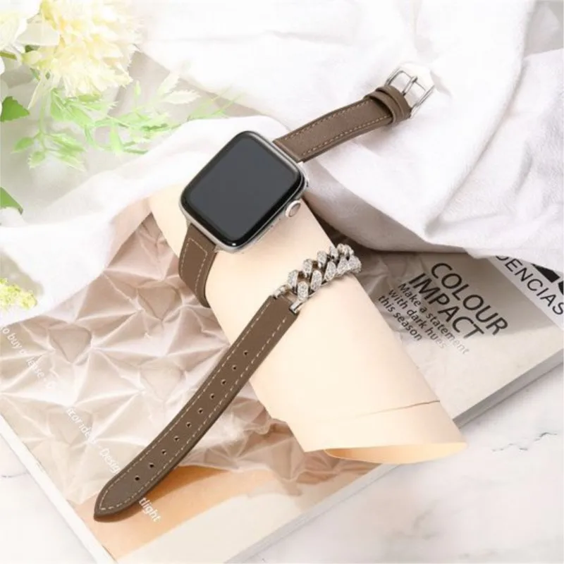 Diamond Leather strap for Apple Watch Band 44mm 45mm 40mm-41mm 38mm 42mm women Genuine Bracelet series 7 8 SE 6 5 4 3 Ultra 49mm