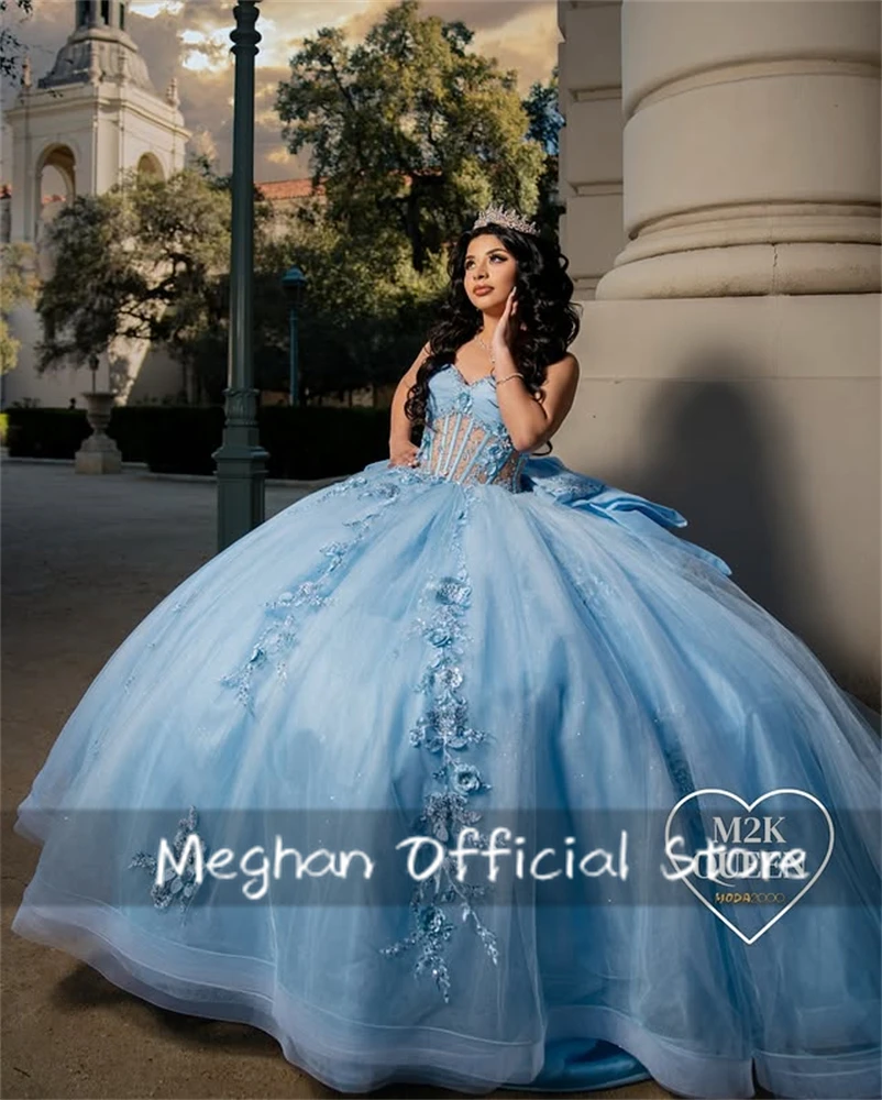 

Customized Sky Blue Quinceanera Dress Ball Gown Lace Applique Beaded Crystal Birthday Bow Corset Sweet 16 Vestidos De 15 Anos