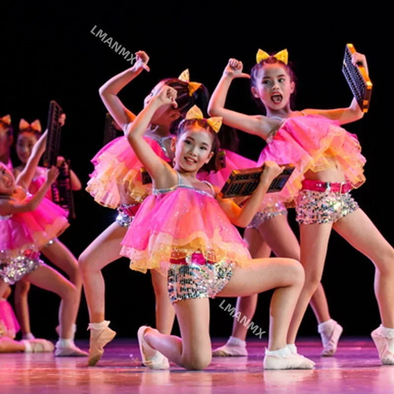 

Girls Tutu Children Jazz Costumes Girls Modern Dance Sequin Performance Hip Hop Costume For Kids Girls Stage Cheerleading Dress