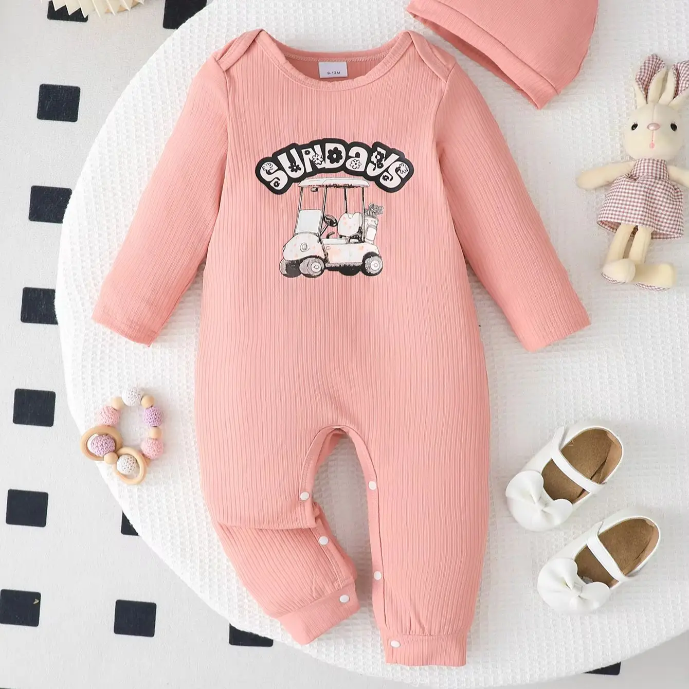 

2PCS,Infant Long Sleeve Romper & Hat Set - Pink Ribbed Jumpsuit with Cute Golf Cart Design, Comfortable for Babies