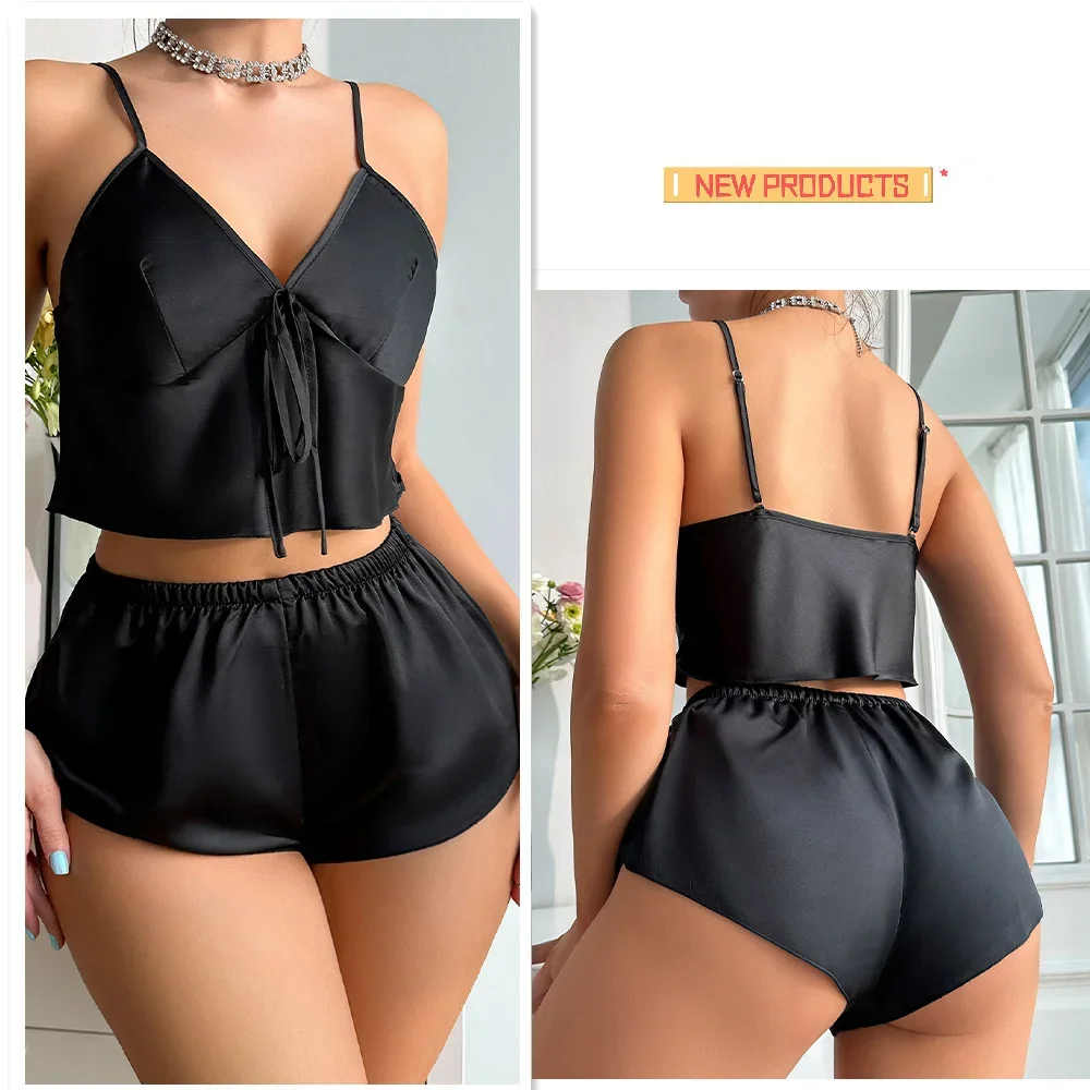 Women Stain Ice Silk Pajamas Set Spaghetti Straps V Neck Crop Tops and Shorts 2-Pieces Sleepwear Loungewear for Homewear