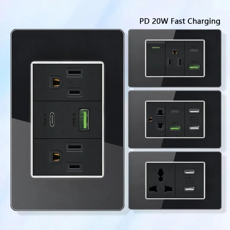 Prise de courant de charge rapide USB type-c 20W, norme américaine thaïlandaise, mexique avec prise USB C intelligente 3A, interrupteur d'éclairage électrique mural