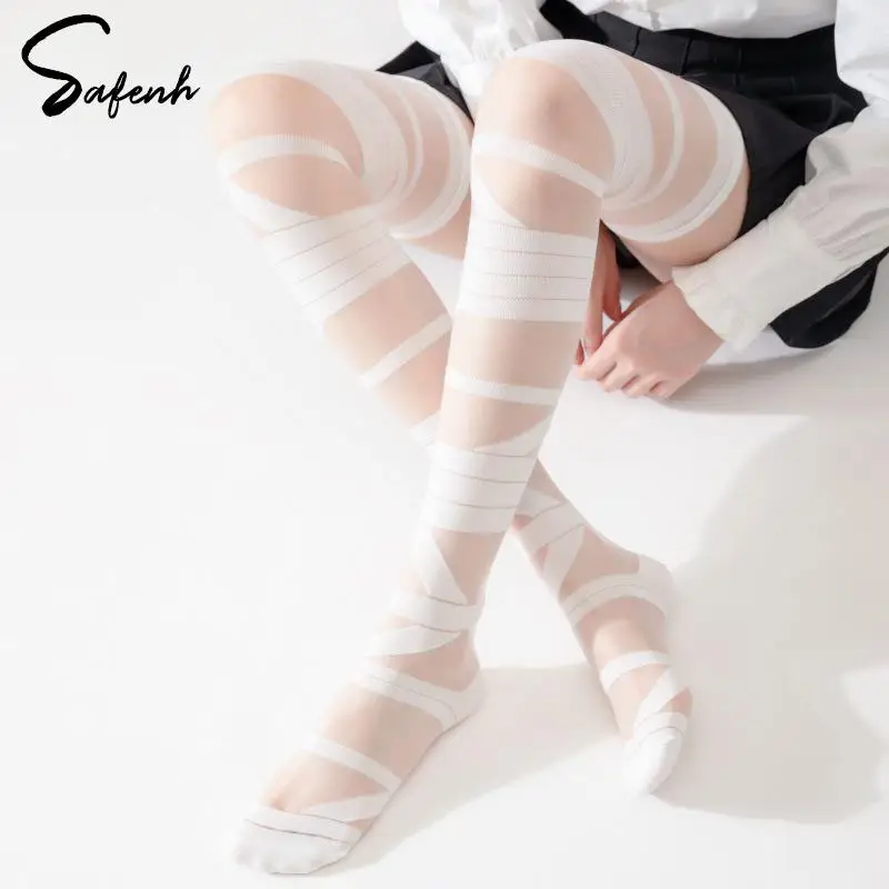 Women Bandage Stripe Long Stockings Female Japanese Lolita Jk Y2k Sexy Summer Cross Long Stockings Long Tube White Stockings