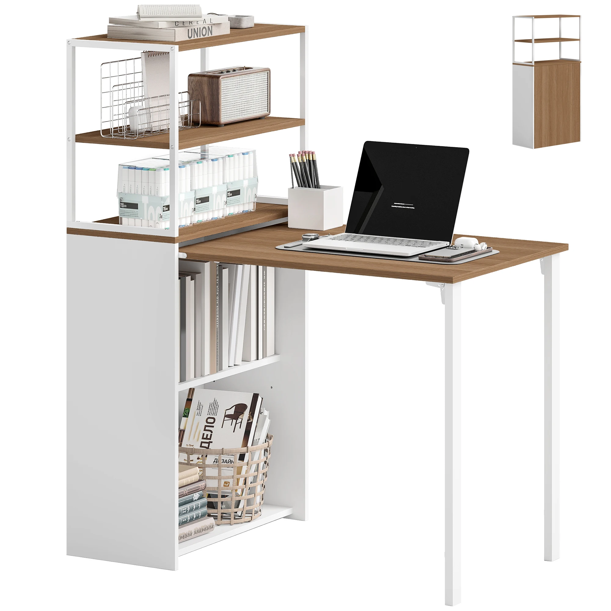 HOMCOM Opvouwbaar computerbureau met 4-laags opbergplanken, bureau met 2 nissen, computertafel voor slaapkamer, bureau, studeerkamer, 105x60 x cm, eiken en wit
