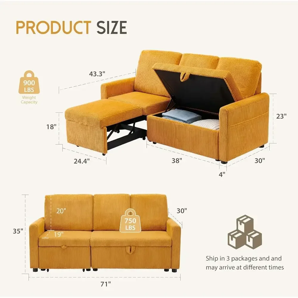 71 L-Shaped Corduroy Sofa with Reversible Chaise, Storage and Deep Seat for Small Spaces, Yellow