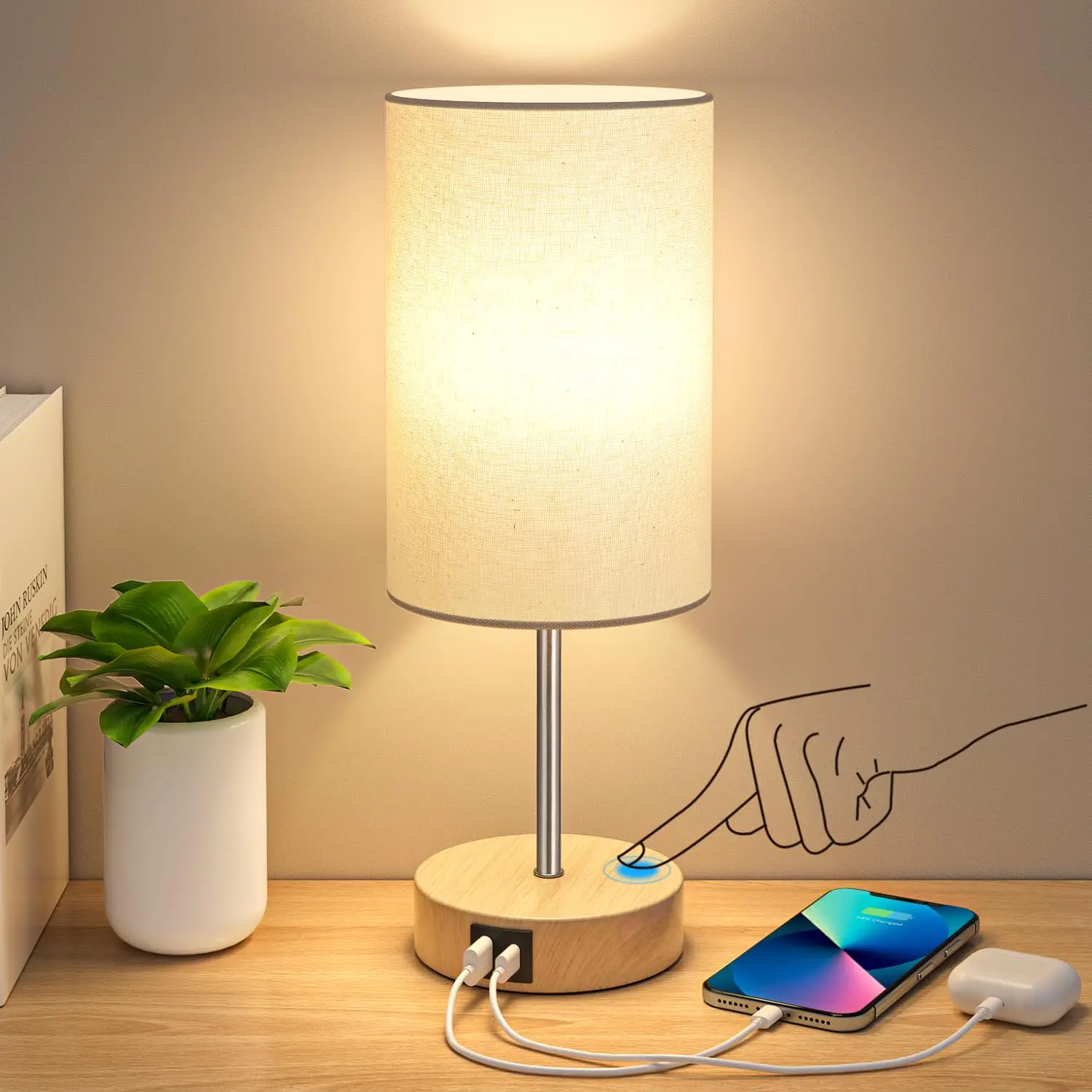 

Table Lamp for Bedroom, 3 Way Dimmable Touch Lamp with Dual Charging Station, Small Bedside Lamps for Night Stands, Living Room