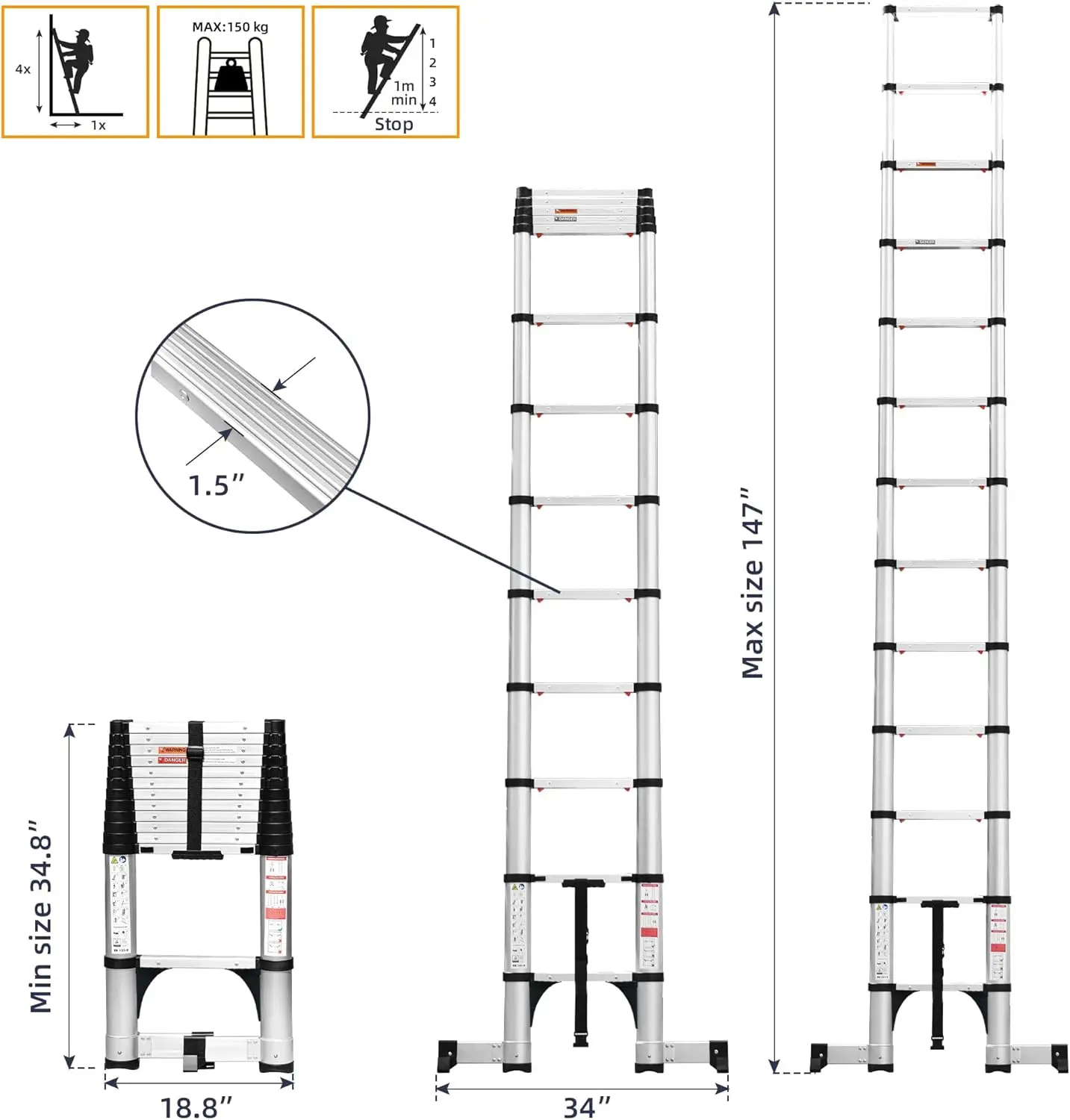 Retraction Telescoping Ladder, Aluminum Lightweight Extension Ladder w/Non-Slip Foldable Feet, Compact Collapsible Ladder for RV