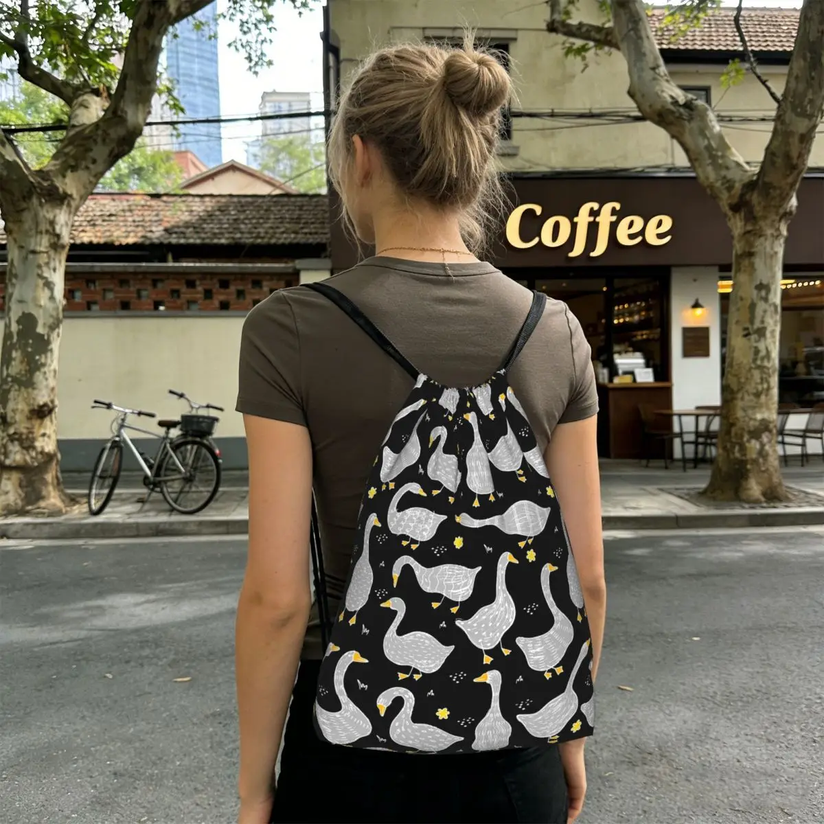Colour Goose Cartoon Pattern Backpacks Casual Drawstring Bags Sports Bag Book Bags for Travel Students