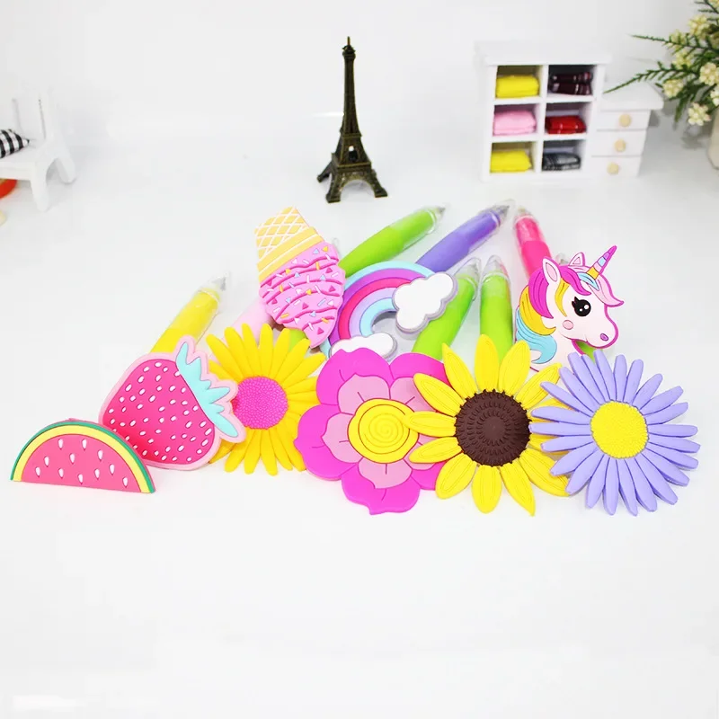 24PCS Students Use Ball Pen PVC Soft Glue Sunflower Pen To Cartoon Fruit Creative Stationery Pens for Writing B