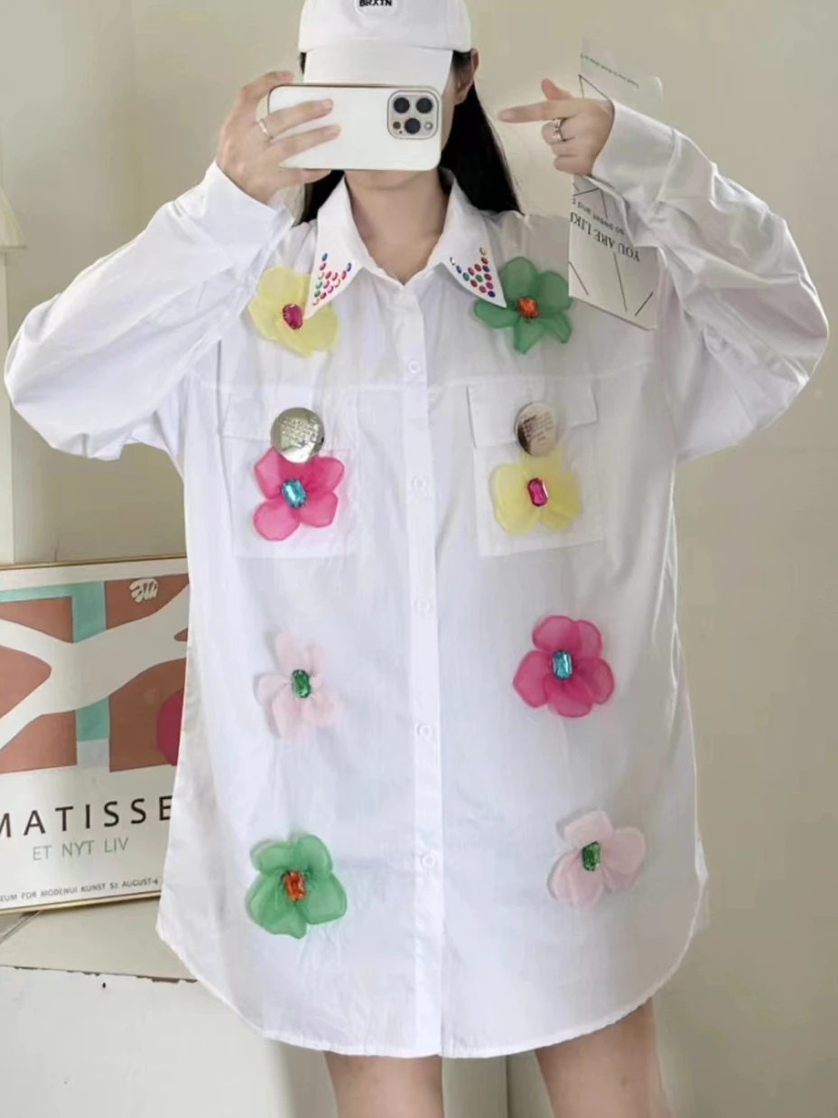 Sequined Diamonds Flowers Stitch Cotton Long Oversized Blouses Shirts For Women 2024 Spring Long Sleeve Shirt Y2K Tops Blusas